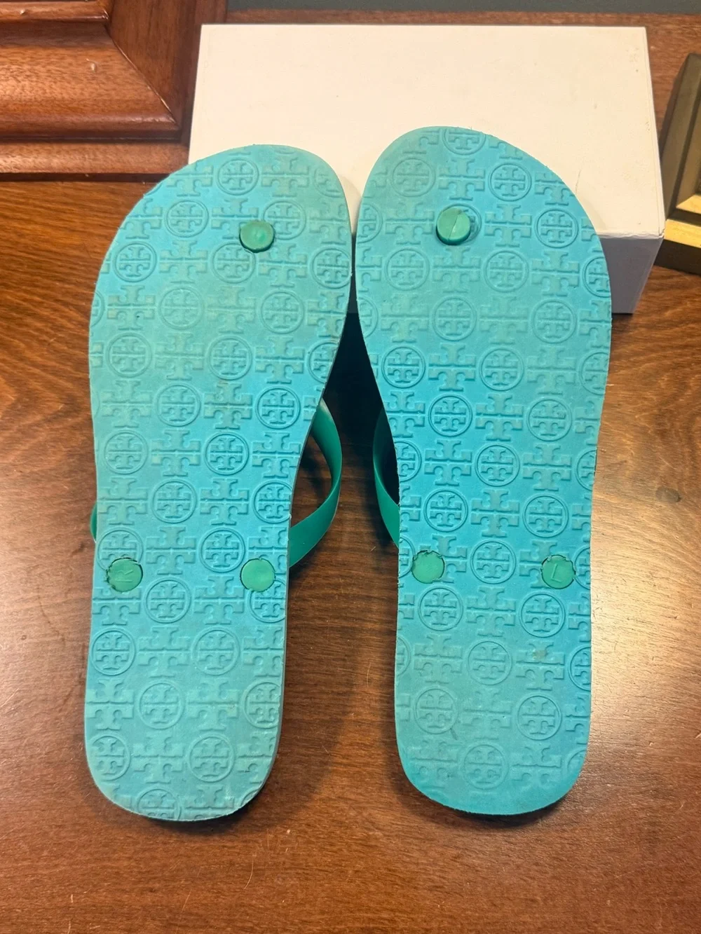 Tory Burch Teal Blue White Patterned Logo Flip Flop Thong Sandals Size 11